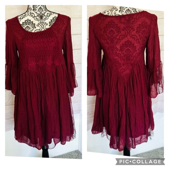 J Gee Women’s Maroon Empire Waist Flowy Boho Bell Sleeve Lace Dress - Picture 1 of 11